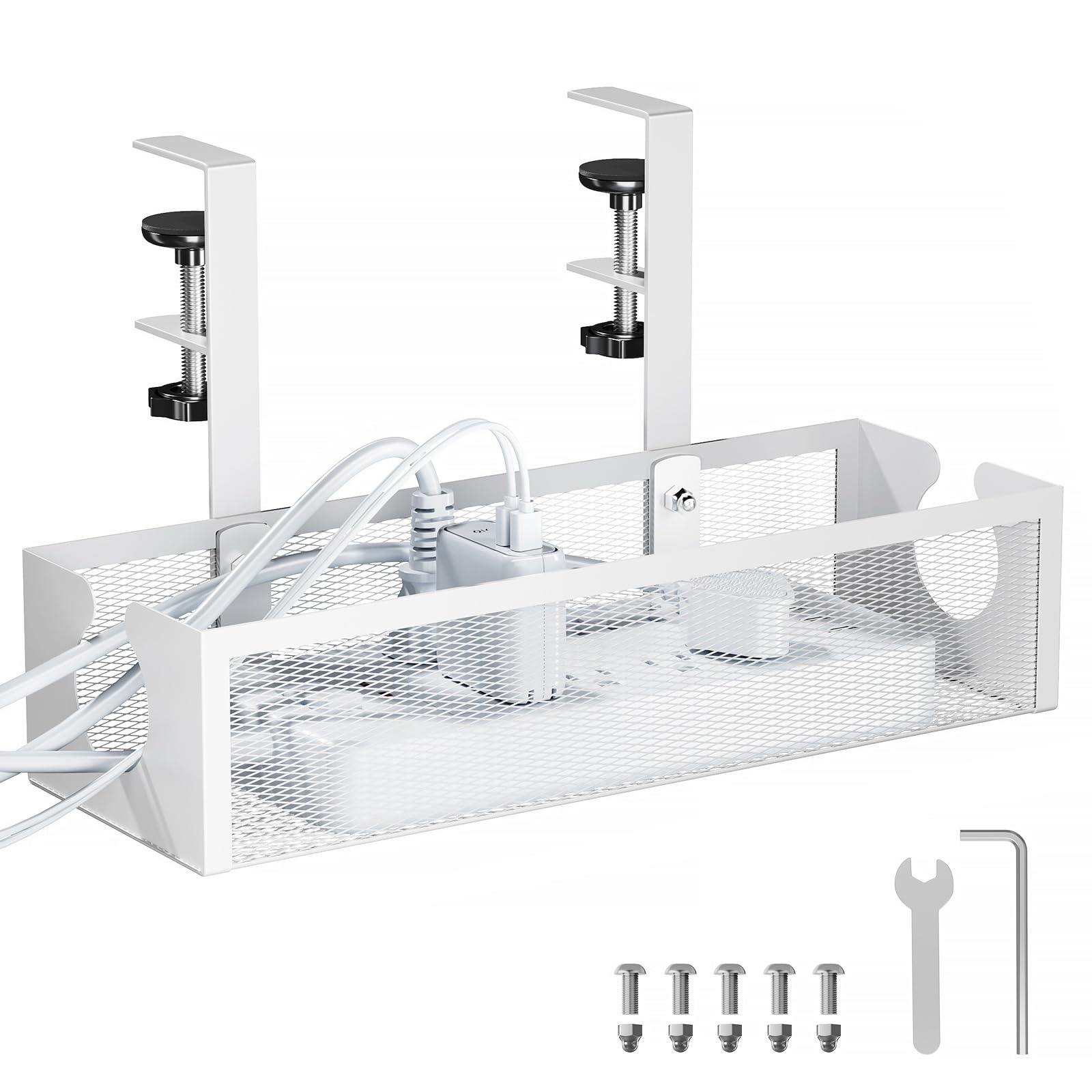 Photo 1 of YECAYE No-Drill Metal Under Desk Cable Management Tray, Power Strip & Cable Organizer for Home Office,Under Desk Storage,Organizer Tray,White