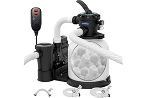 CHLORWORKS Sand Filter Pump for Above Ground - Flow Rate 3882 GPH, Up to 25K GAL, Pool Pumps above Ground Includes 6 Way Value, Digital Timer, GFCI Plug, 6.17 lbs of Filter Balls, and 3 Pack Hose(20", 40", 120")