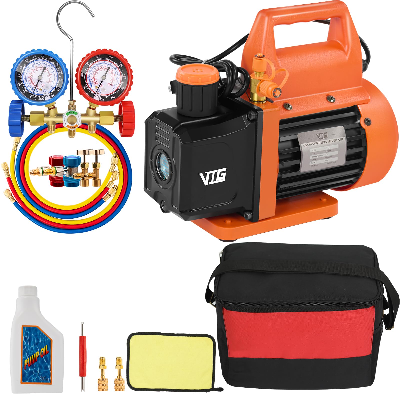 Photo 1 of VTG VOGTEN 4.5 CFM AC Vacuum Pump and Gauge Set,for Mini Split/HVAC/Auto Systems,Manifold Gauge Kit Compatible with R134a R12 R22 R502,Includes 2 R134a Can Taps,R410a Adapters