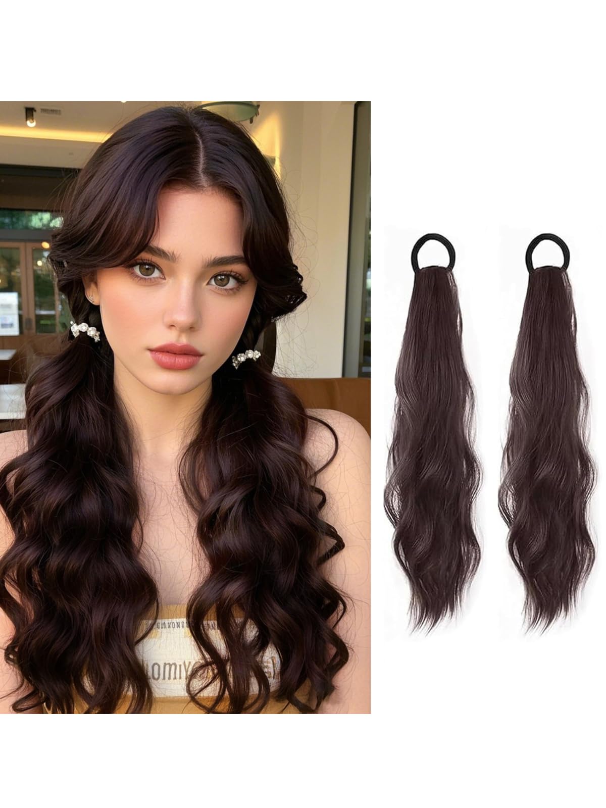 Photo 1 of 2PCS Curly Ponytail Extension with Elastic Tie 17 Inch Resistant Synthetic Natural Wavy Hairpiece Pony Tail Hair Extensions Wave Fake Ponytail Hairpieces for Women Daily Wear (Brown)