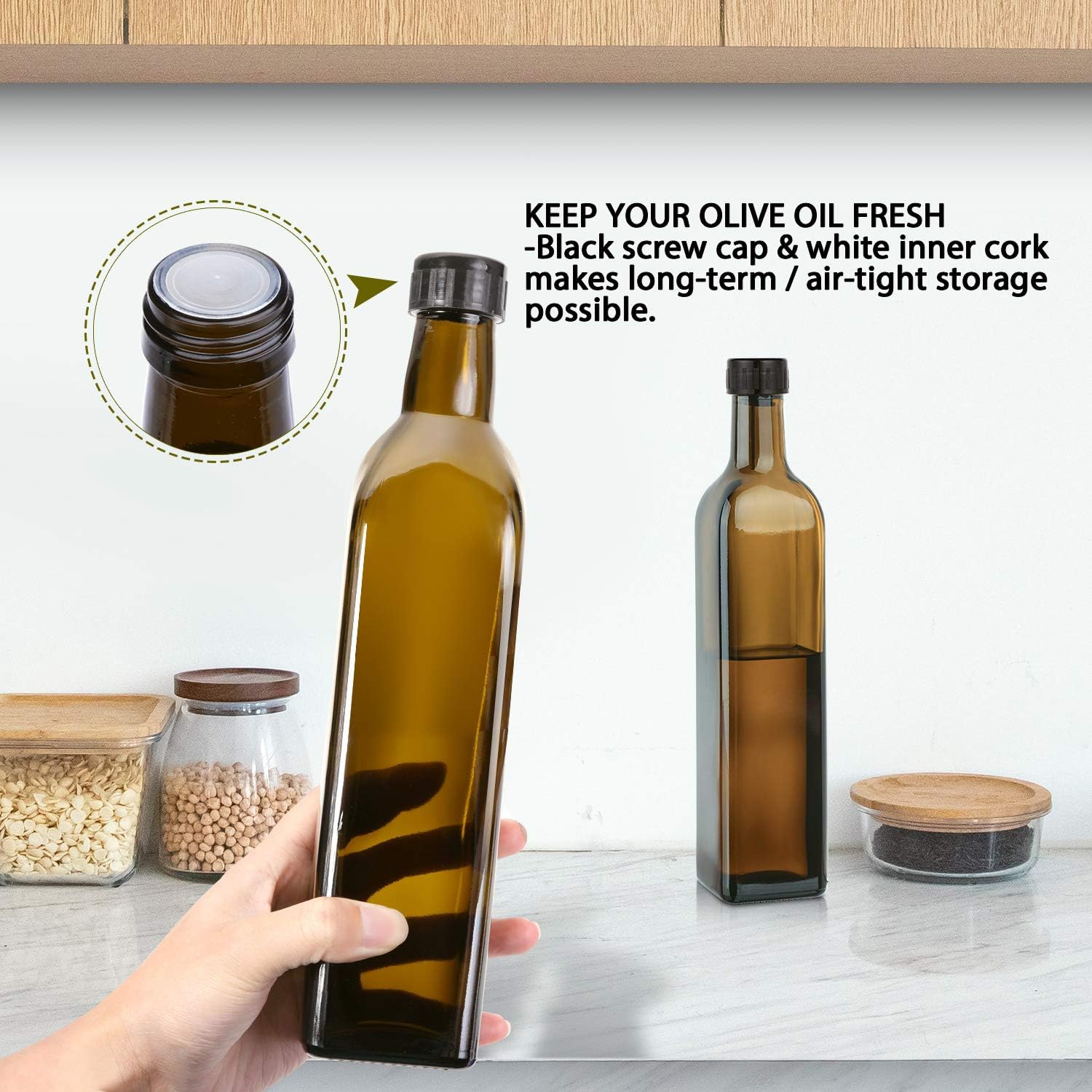 Aozita 17oz Glass Olive Oil Bottle - 500ml Dark Brown Oil & Vinegar Cruet with Pourers and Funnel - Olive Oil Carafe Decanter for Kitchen: Kitchen & Dining