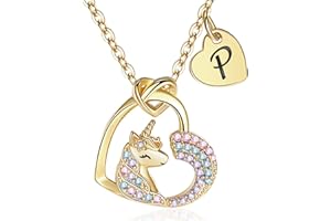 FLNEOO Unicorn Gifts for Little Girls Jewelry - 14K Gold Plated Unicorn Necklace With Initial Personalized Gifts for Preteen Girls Heart CZ Pendant Hypoallergenic Unicorns Jewelry Birthday Gifts for Girls
