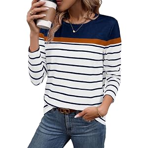 WIHOLL Long Sleeve Shirts for Women Stripe Tops Fall Fashion Outfits 2026 | Womens Tops,Fall Clothes,T shirt,Clothing,Trendy,