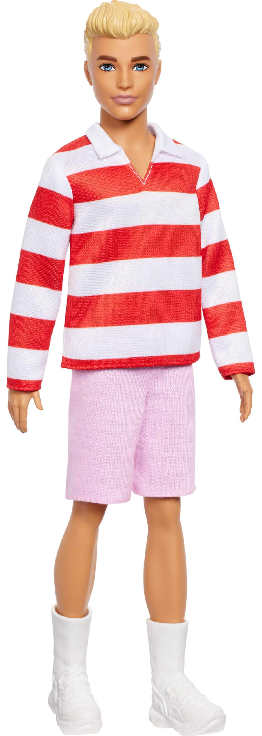 Barbie Fashionistas Ken Doll #241 with Blonde Hair Wearing Red and White Striped Polo Shirt with Pink Shorts, White Crew Socks and Sneakers