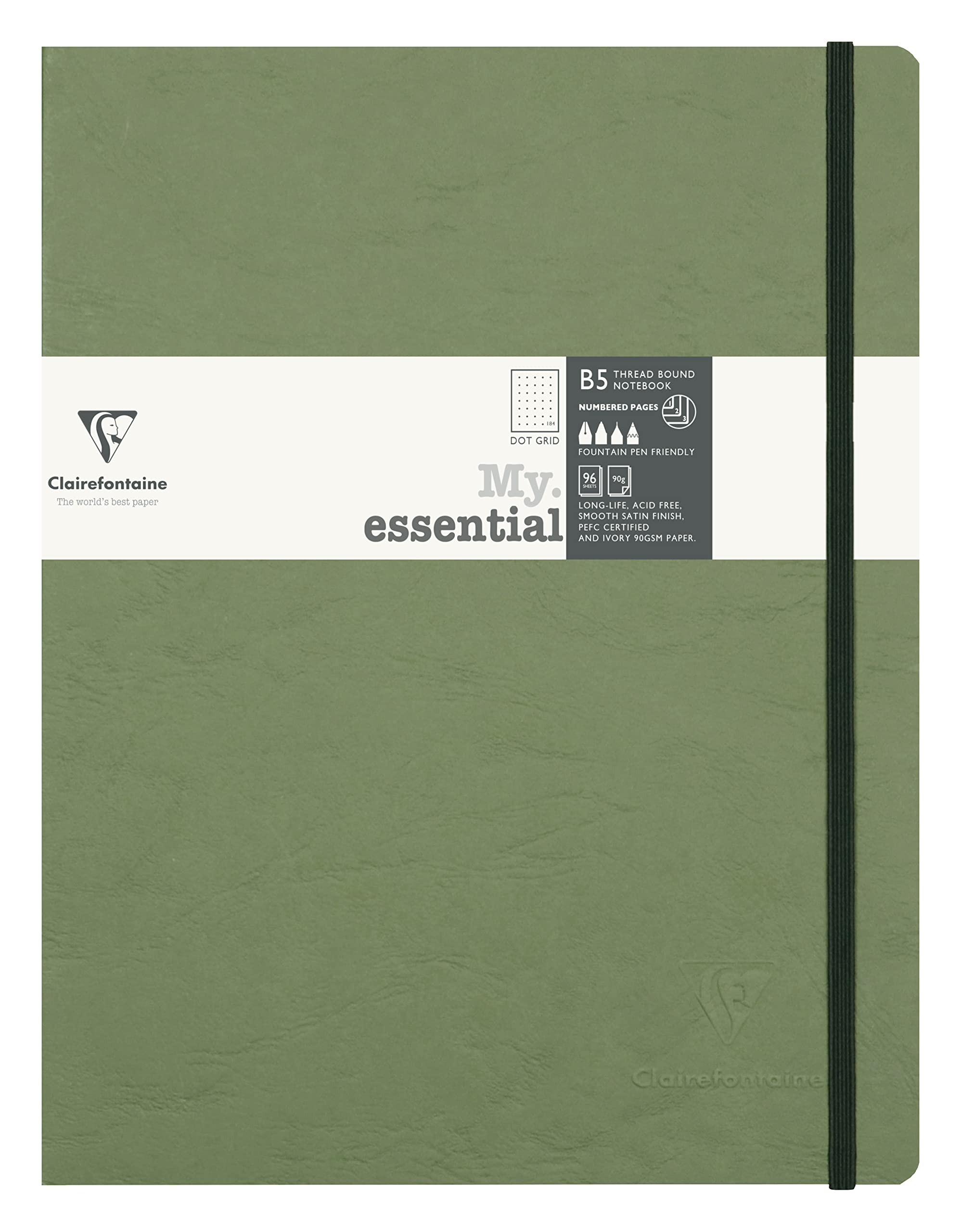 Clairefontaine 794433C Collection Age Bag Stitched MyEssential Embroidered Notebook Green B5 19x25cm - 192 DOT Numbered Pages - 90g Ivory Paper - Leather Cover