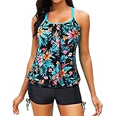 Yonique Womens Blouson Tankini Swimsuits Two Piece Strappy Bathing Suit Tops with Shorts Criss Cross Swimwear