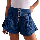 CHARTOU Women Cute Ruffle Hem Denim Short High Waist Wide Leg Jean Shorts Flare Stretchy Short with Pockets