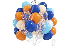 BAUANOOY Blue and Orange Balloons, 60pcs 12 Inch Orange Blue White Nude Latex Balloon with Confetti Balloons Ribbon for Baby Shower Graduation Blue Birthday Party Decorations