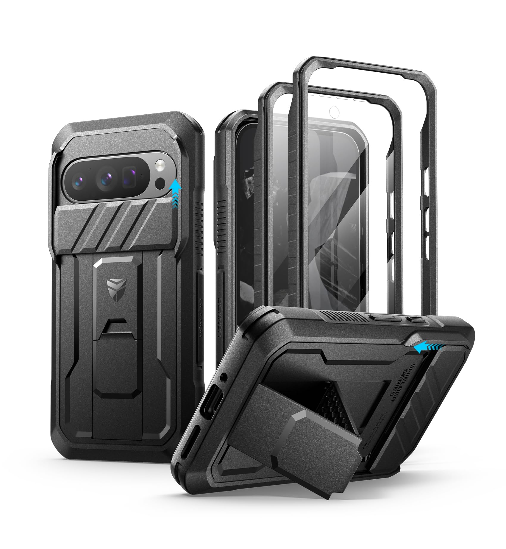 Dexnor for Google Pixel 9 Pro Case with Built-in Slide Camera Cover & Screen Protector & Kickstand, Heavy-Duty Shockproof Rugged Case Full-Body Bumper Protective Cover - Black