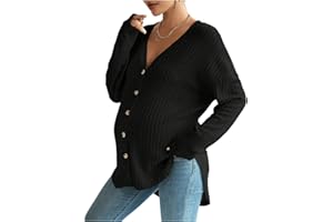 COZYEASE Women's Maternity Ribbed Knit Button Down Tee Shirt Drop Shoulder V Neck Sweater Top