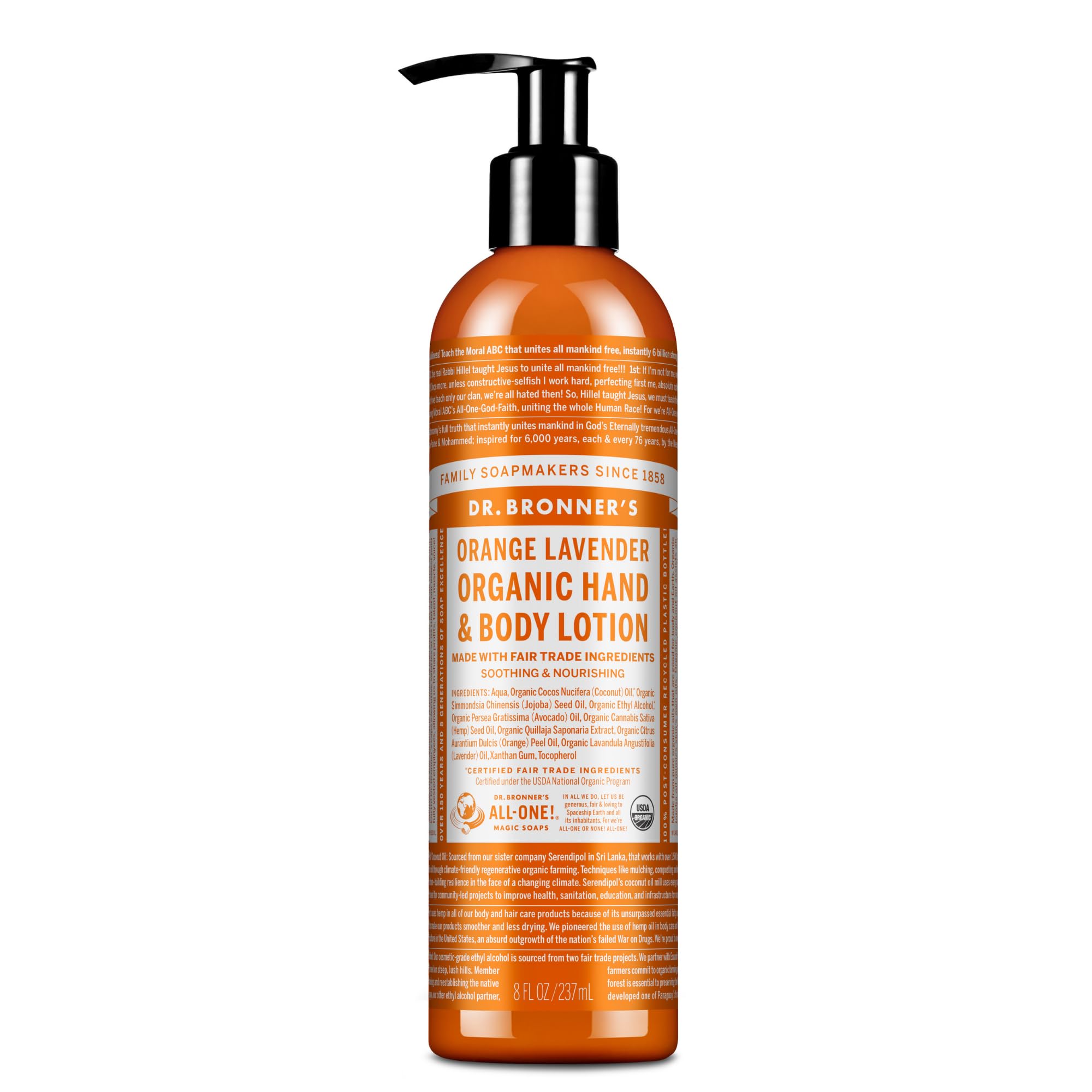 Dr Bronner's 3-in-1 Lavender & Coconut Organic Hand and Body Lotion, Made with Organic Oils. Used for Hands, Face and Body, Certified Fair Trade & Vegan Friendly, 236ml Recycled Pump Bottle