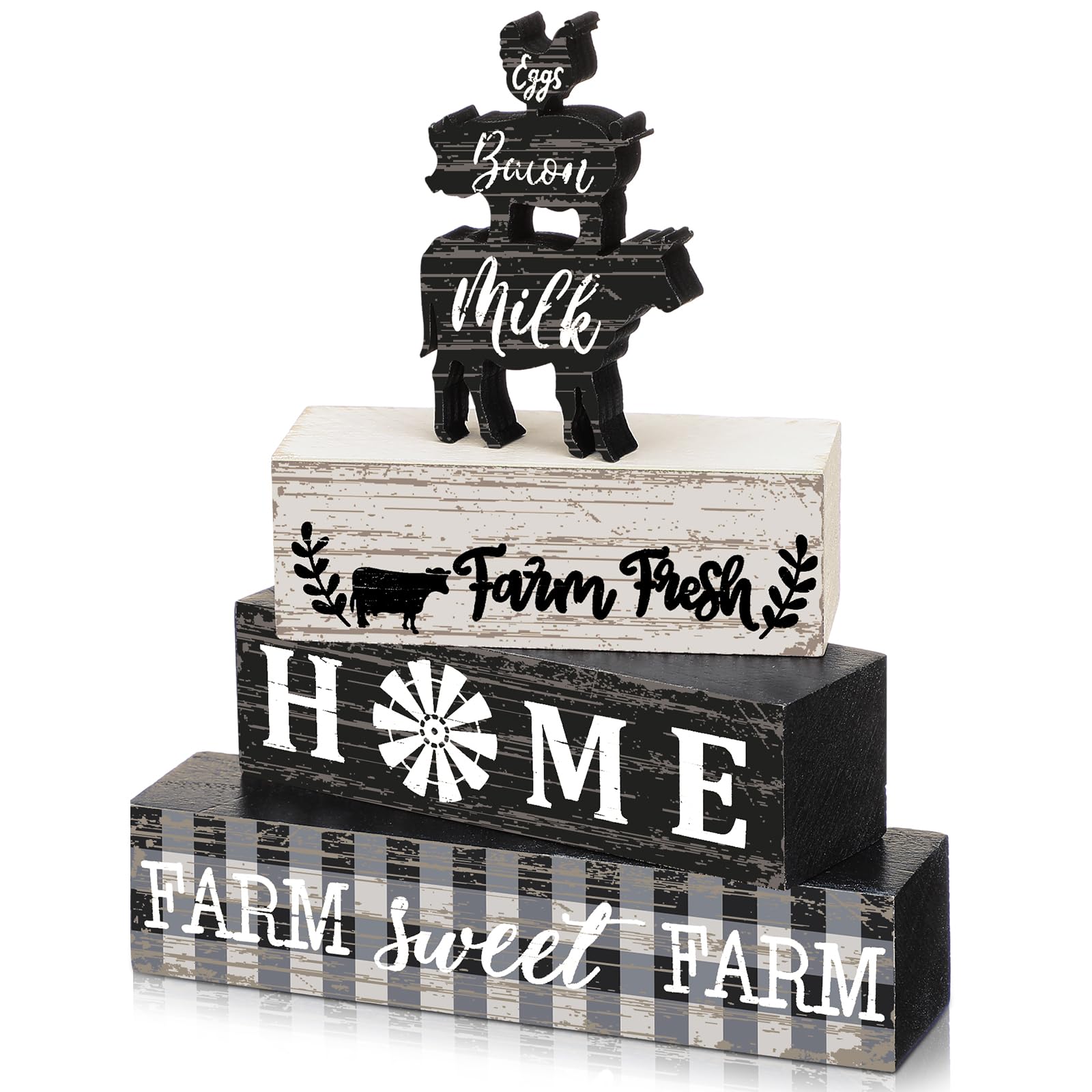 Photo 1 of Geelin 4 Pcs Farmhouse Kitchen Signs Cow Rooster and Pig Decors Rustic Wooden Signs Country Table Centerpiece Tiered Tray Decor Table Top Sign for Home Kitchen