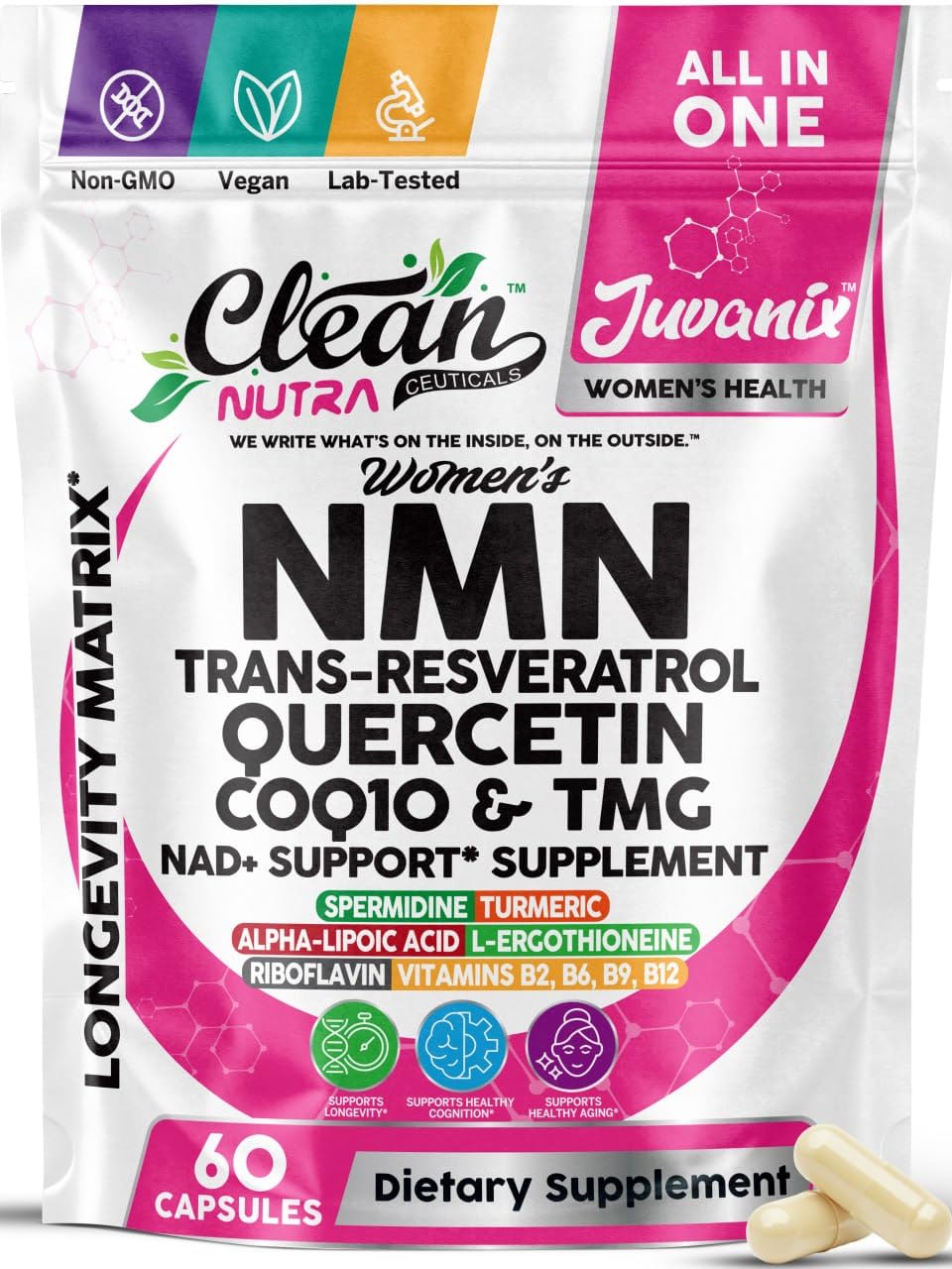 Juvanix Women's NMN Trans-Resveratrol Quercetin CoQ10 & TMG NAD+