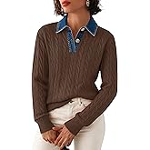 SAUKOLE Sweaters for Women Denim Lapel V Neck Buttons Closure Casual Long Sleeve Cable Knit Loose Pullover Sweater