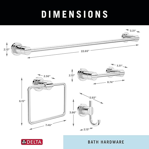 DELTA FAUCET NIC64-PC NICOLI 4-PIECE BATH HARDWARE SET 18 TO 24 IN. TOWEL BAR, TOILET PAPER HOLDER, TOWEL RING, TOWEL HOOK IN POLISHED CHROME