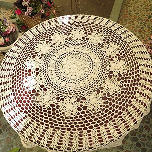 TideTex Handmade Crochet Cotton Flower Weave Tablecloths Hollow Out Rustic Round Coffee Table Table Cover Doilies Table Overlays Decoration Mats (40-Inch Round, Beige)