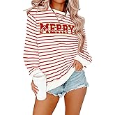 DUBMA Womens Christmas Sweatshirt Crewneck Long Sleeve Merry Letter Print Xmas Tops Embroidered Pullover Vacation Sweatshirts