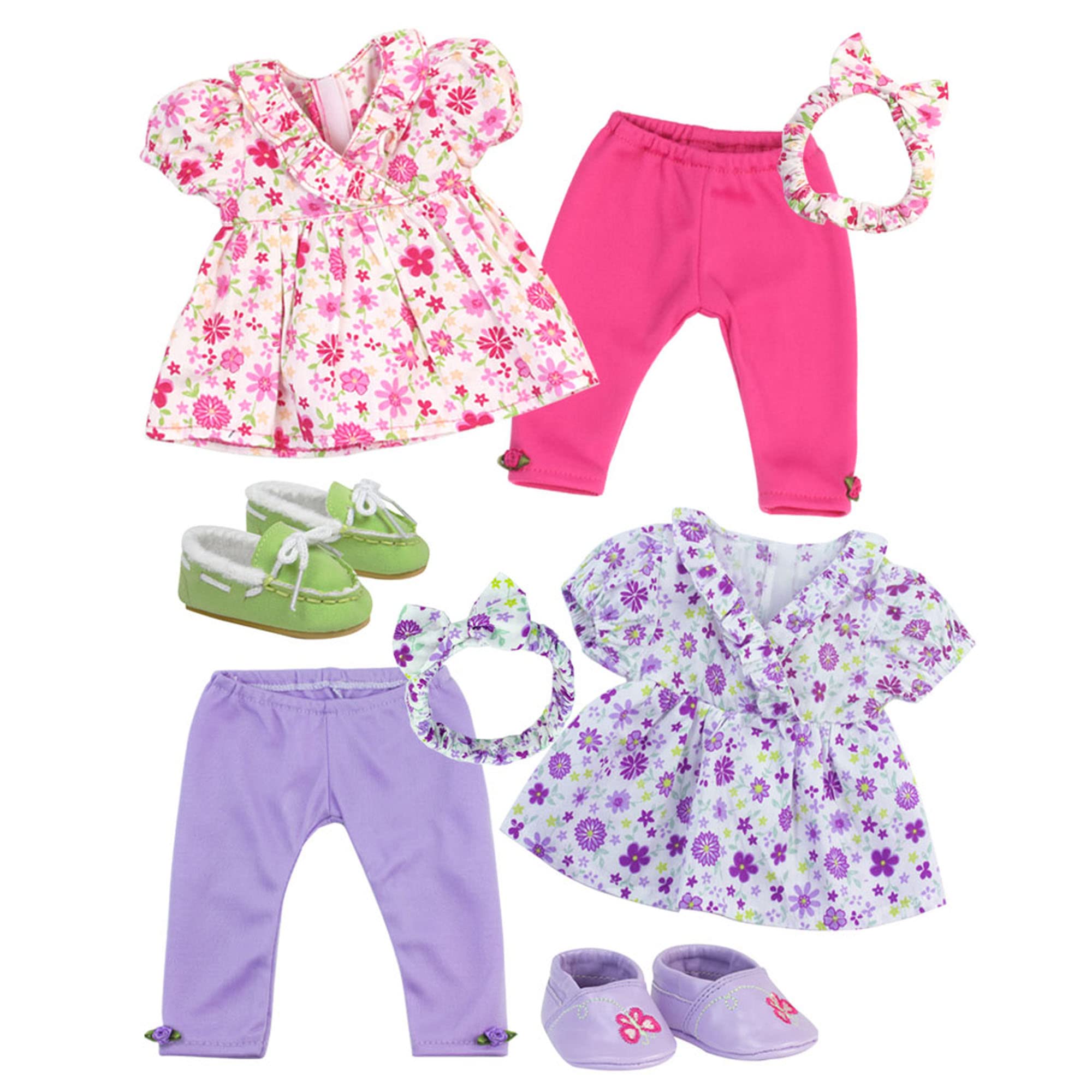 Sophia's Baby Doll 8 Piece Floral Baby Dolls Clothes Set with Doll Shoes, 15" Doll Dress with Leggings and Doll Hair Accessories, Doll Not Included