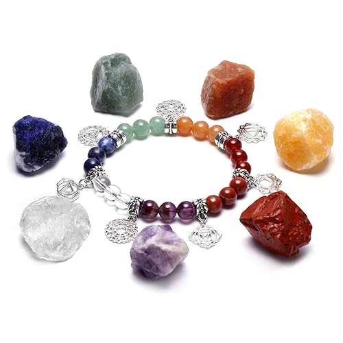 QGEM Schmuck 7 Chakra Healing Edelstein formlos Feng Shui Reiki Energietherapie Yoga Dekoration+Balance Buddha-Armband mit OM