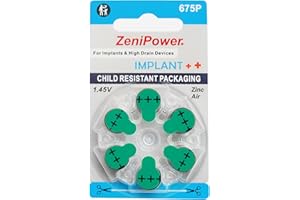 ZeniPower Mercury Free (0% Hg) Extra High Power Cochlear Implant BTE Speech Processor Batteries Zinc Air 1.4V Size 675P, 675CI, Implant Plus (6 Batteries)