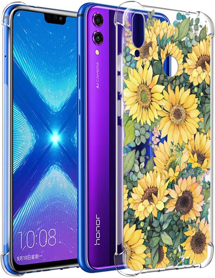 Eouine Huawei Honor 8X Case, Crystal Clear Reinforced Corners TPU Bumper Floral Flowers Pattern Printed Design Slim Transparent Cover Anti-Scratch Shock Absorption for Huawei Honor 8X (11)