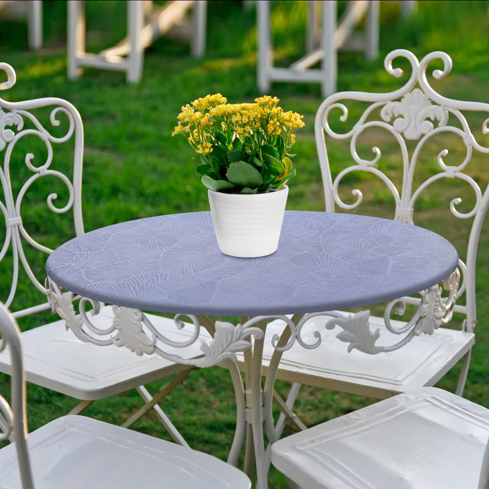 Elastic Edged Vinyl Round Fitted Tablecloth - Oil & Waterproof Wipeable Plastic Table Cover Indoor Outdoor Patio Round Fitted Vinyl Tablecloth, Plant Pattern (Grey blue, 60cm in diameter)