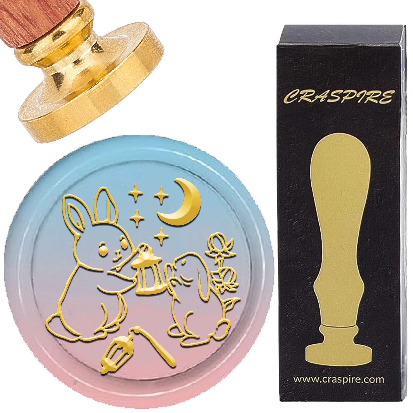 CRASPIRE Easter Wax Seal Stamp Bunny Moon Lantern 25mm Retro Vintage Removable Brass Stamp Head with Rosewood Handle Sealing Stamps for Wedding Invitations Cards Halloween Thanksgiving Gift Packing
