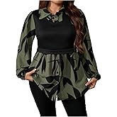 GORGLITTER Women's Plus Size Tops Peplum Baby Doll Shirts Long Sleeve Collar Dressy Casual Button Down Fall Tops Blouse