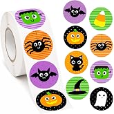 500PCS Halloween Stickers for Kids, Bat Spider Pumpkin Stickers Roll | 8 Vibrant Designs Halloween Stickers, 1.5'' Round Adhesive Stickers for Treat Bags Envelopes Crafts and Halloween Party Decor