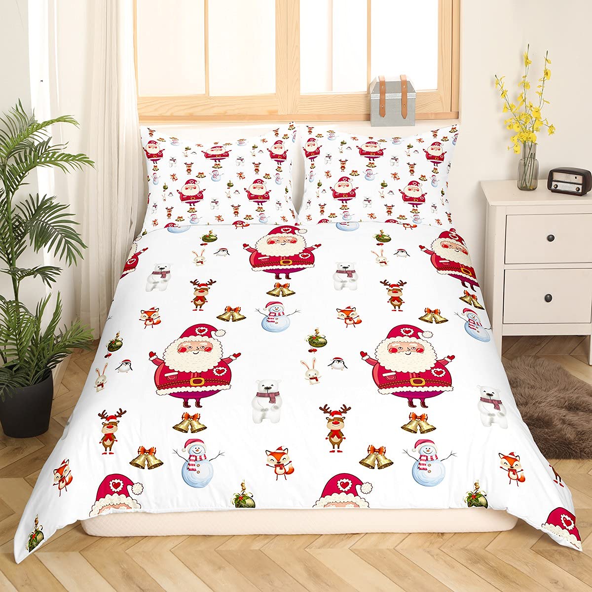 Christmas Duvet Cover Cute Snowman Santa Claus Kids Bedding Set Boys Girls Little Bear Rabbit Comforter Cover Christmas Bells White Bedding & Linen with 1 Pillowcase 2Pcs Bedding Single