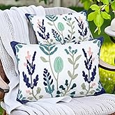 KITTMIN Green and Blue Throw Pillow Covers,12x20 Floral Embroidered Farmhouse Decor Lumbar Pillows, Set of 2 Cozy Boho Accent Cushion Case for Couch & Sofa, Home Decorative Pillow Cases for Bed Room