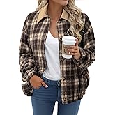 Dokotoo Womens Flannel Plaid Shacket Jackets Corduroy Collar Long Sleeve Button Down Fleece Jackets Warm Coat