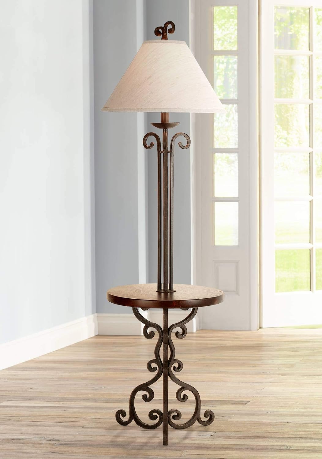 Traditional Floor Lamp With Table Iron Rust Scroll Wooden Off White Flared Bell Shade For Living Room Reading Franklin Iron Works Amazon Com