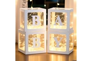 Ledido Baby Boxes with Letters for Baby Shower Decorations, 4 pcs Clear Baby Balloon Boxes Blocks Decor with LED Fairy String Lights for Boy Girl Gender Reveal Decorations Backdrop Party (White)