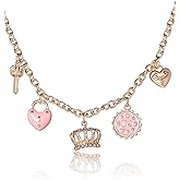Juicy Couture Charm Necklace for Women, 16-18"+2" Gold-Tone Necklace Juicy Logo Charms with Pink Enamel and Clear Crystals