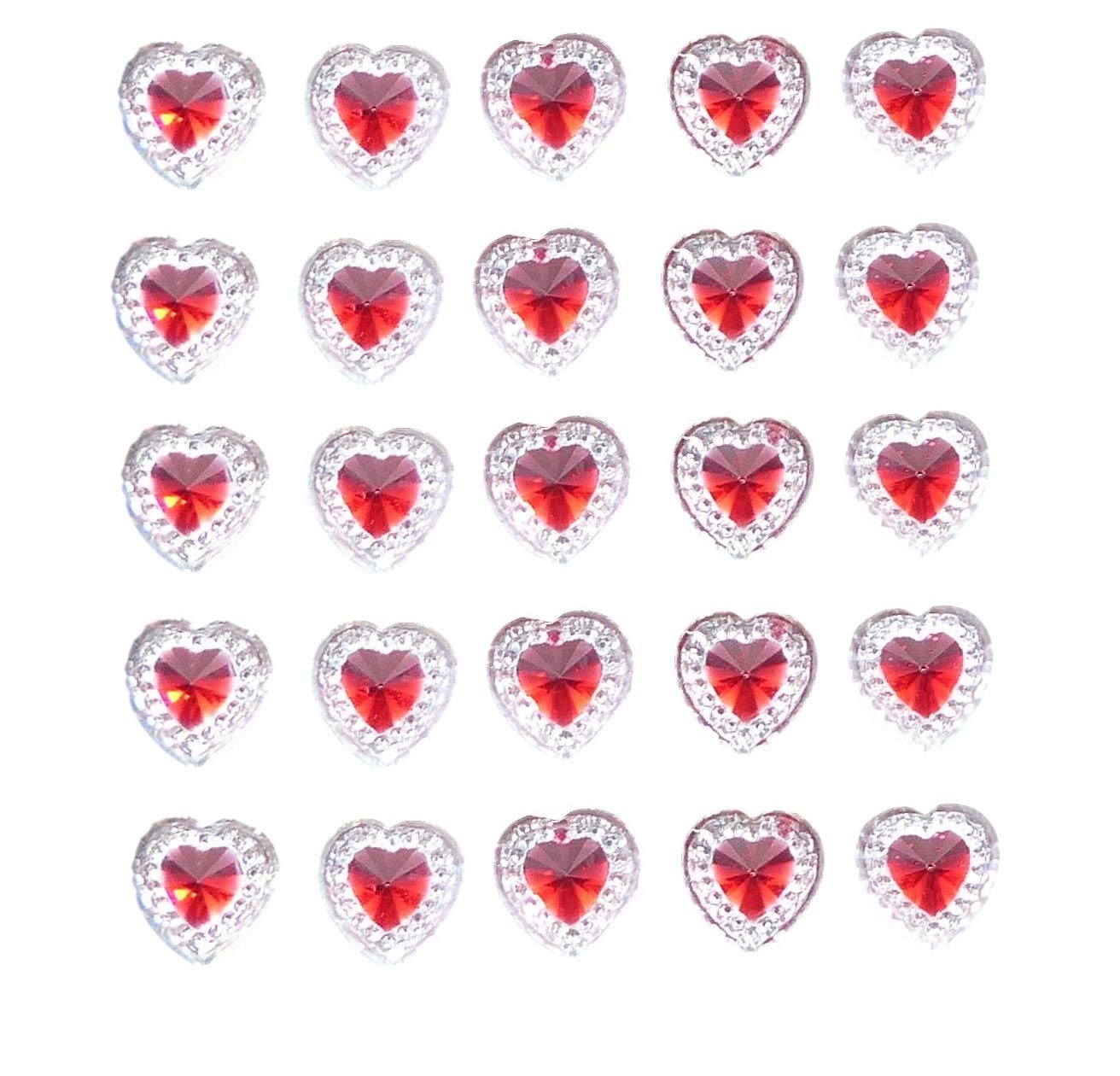 Syntego 80 x Self Adhesive Heart Gems Clear with Red Center Diamante Rhinestones Acrylic Crystals Stick on Gems Embellishments, Crafts, Invitations
