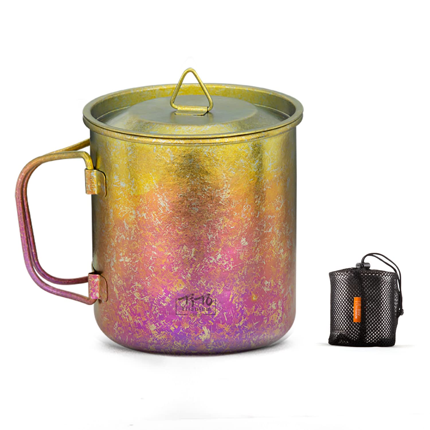 TiTo Titanium Cup Camping Tea Coffee Water Mug Ultralight Portable Cookware 450ml Foldable Handle Titanium Pot with Lid for Outdoor Backpacking Hiking Picnic Drinkware Open Fire (Colorful)