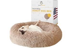 Doggykingdom Calming Round Donut Dog Bed, Washable, Anti Anxiety, Anti-Slip, Cozy Soft Cuddler Circle Comfort Bed with Fluffy Plush Faux Fur for Small Medium Large Sized Dog - Beige, XS 24 inch