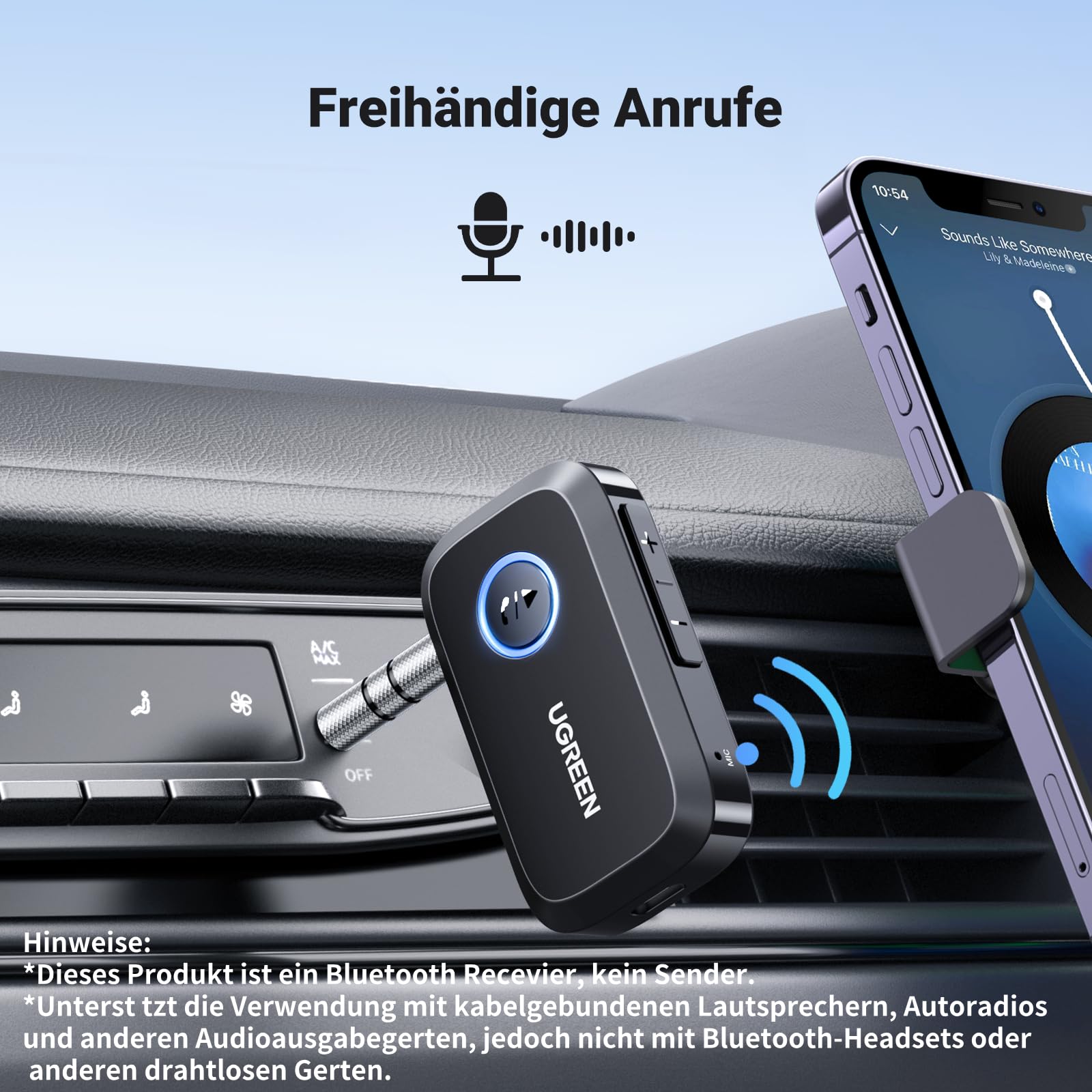 UGREEN Aux Bluetooth Adapter Auto Bluetooth 6.0 Empfänger Freisprechanruf, Stereo Musik, Dualer Kopplung mit 15 Stunden Spielzeit Klinke Adapter für Autoradio/Stereoanlage(Schwarz) 2