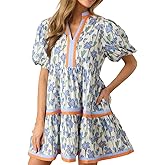 Women Boho Floral Mini Dress Short Puff Sleeve Flowy A Line Dress Ruffle V Neck Loose Babydoll Dresses