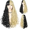Anogol Wig Cap+75cm Long Curly Wigs with Bangs Black and Blonde wig for Gothic Blonde Wig for Women Costume Wig for Halloween Cosplay Party