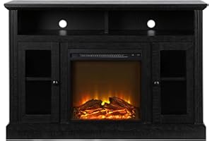 Ameriwood Home Chicago Fireplace TV Stand for TVs up to 50 Inch, Replaceable Electric Fireplace Insert Heater, Realistic Log and Flame Effect, for Living Room or Bedroom, Black Oak