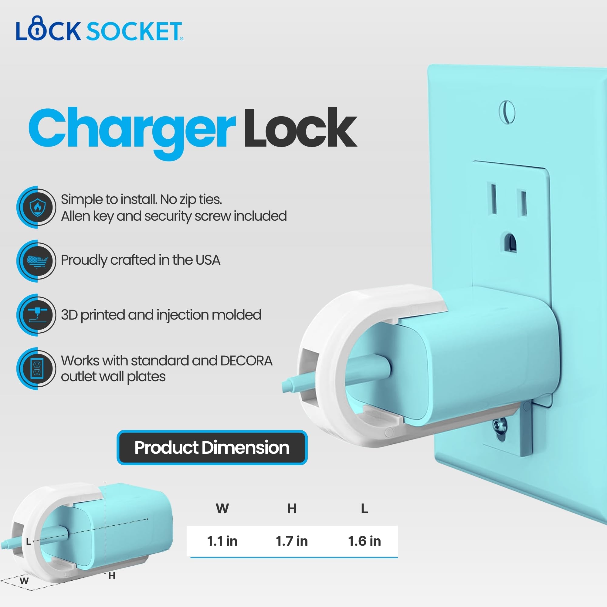 Lock Socket USB-C Fast Charger Lock- Anti Theft Chid-Safe. Firmly Secures iPhone Chargers from Unplugging w/Security Screw. for Apple iPhone 16/15/14/13/12/11/ X/MAX/XR, Made in USA