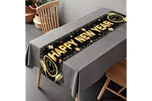 AUSHENKE New Years Eve Table Runner Black Gold Happy New Year Table Runner for New Years Table Decorations, 73x14inch