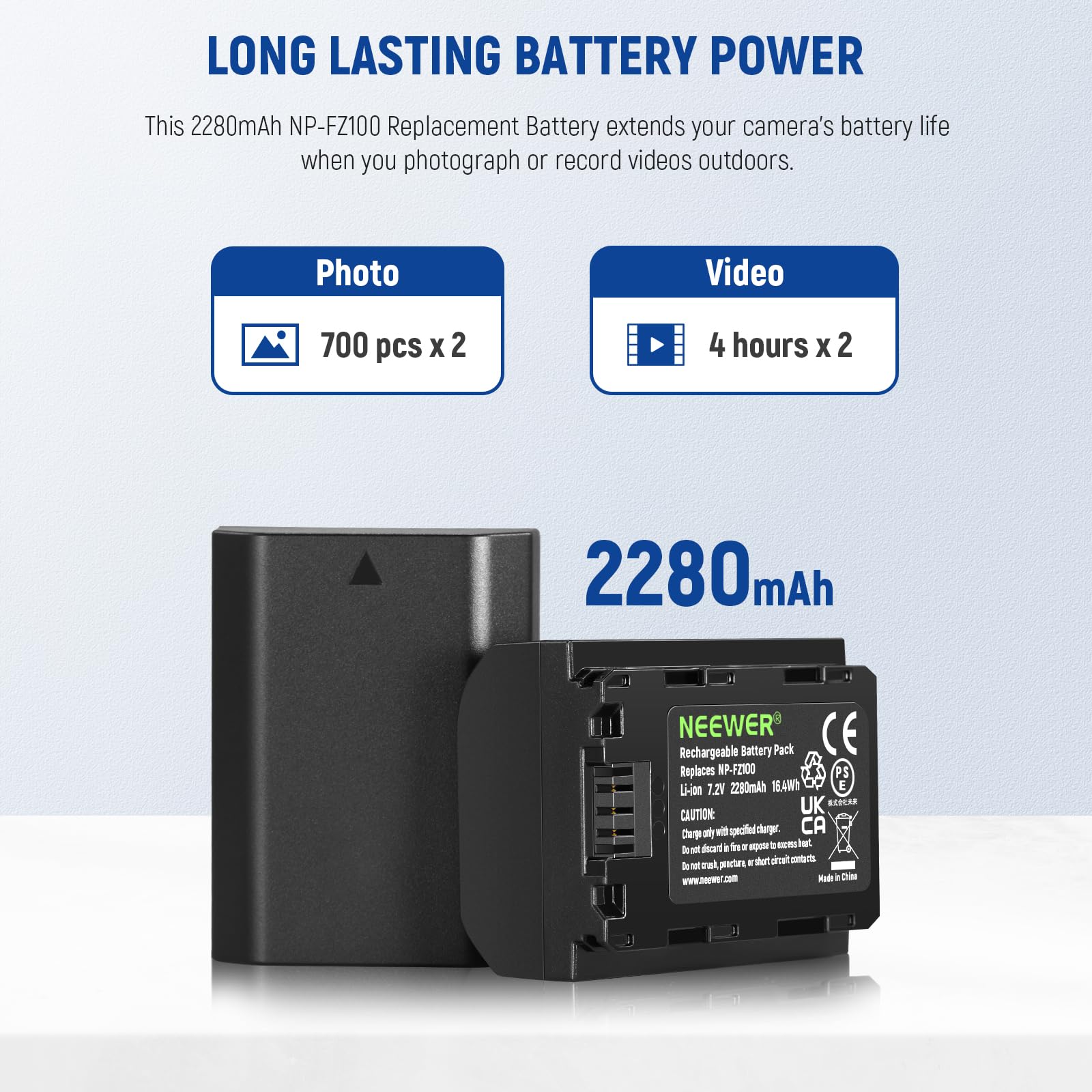 NEEWER 2280mAh NP-FZ100 Replacement Battery 2 Pack with USB Dual Channel Charger Kit, Compatible with Sony ZV-E10II A9III A7CII ZV-E1 A7III A7IV FX3 FX30 A6700 A1 A7C A7CR A7RIV A7RV A7SIII A9II
