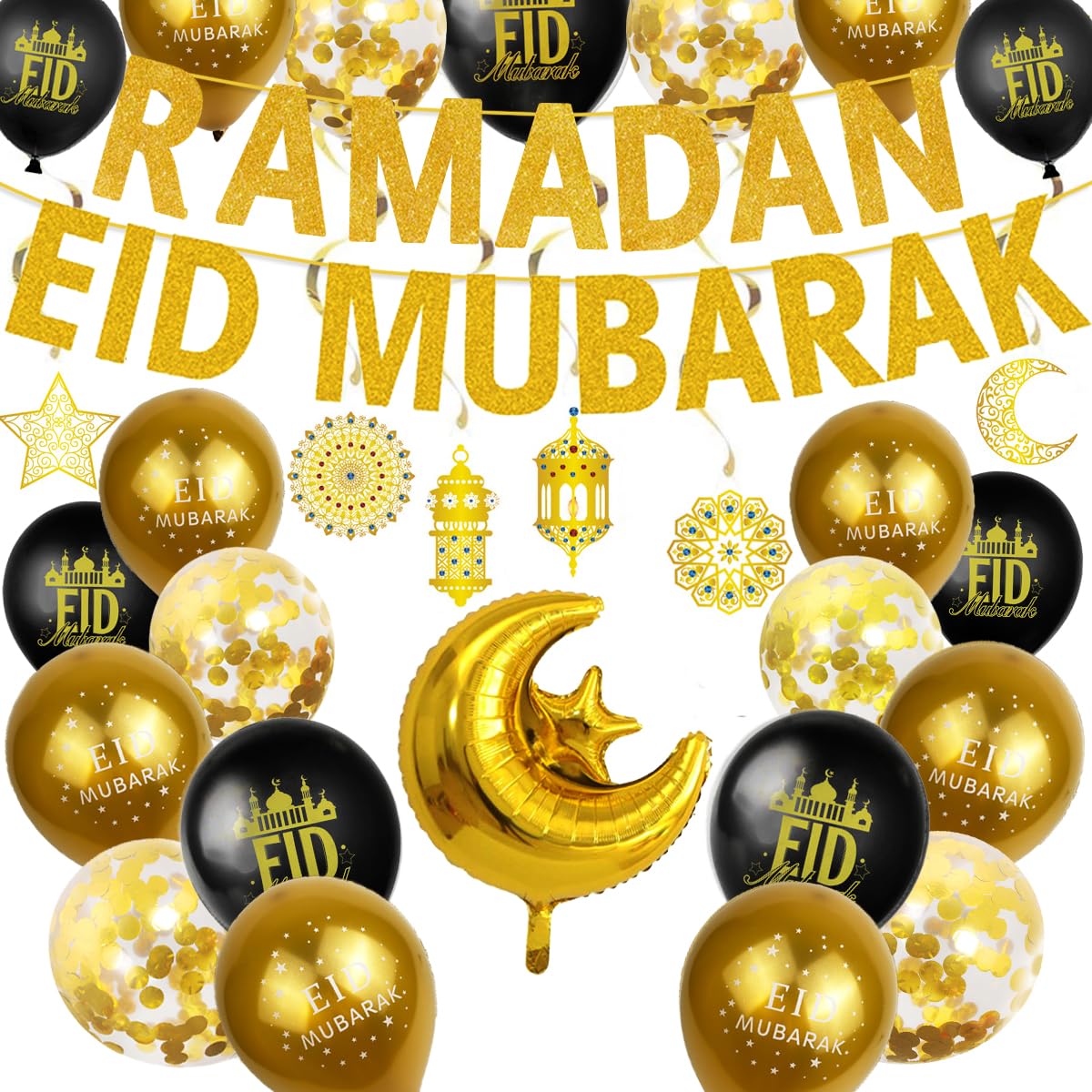 YNOUU Eid Mubarak Decorations Ramadan Celebration Decorations Eid Mubarak Hanging Swirls 2 in 1 Ramadan Mubarak Banner Latex Balloons for Home
