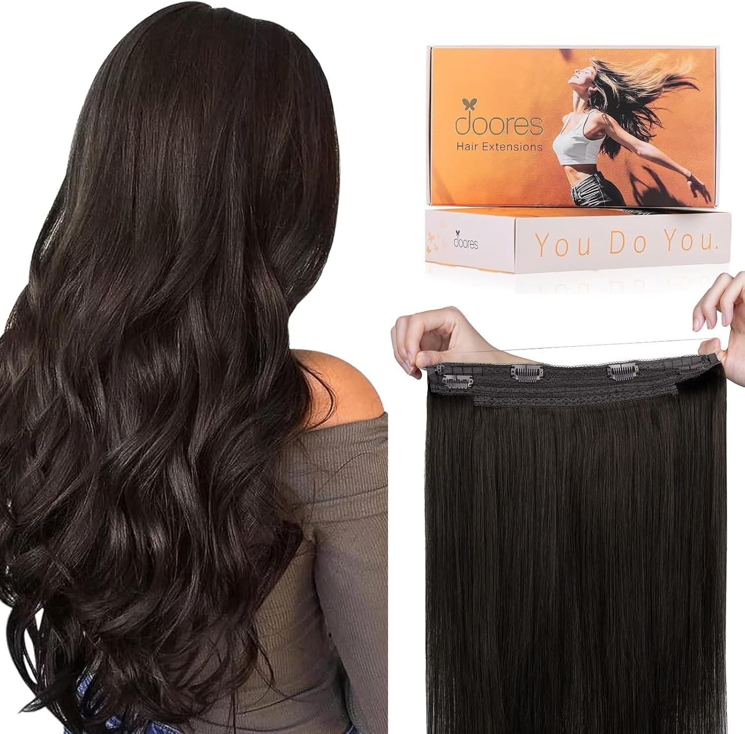 DOORES Wire Hair Extensions 18 Inch 95g Remy Human Wire Hair Extensions Invisible Transparent Line Adjustable Hairpieces Secret Extensions Straight Hair Dark Brown