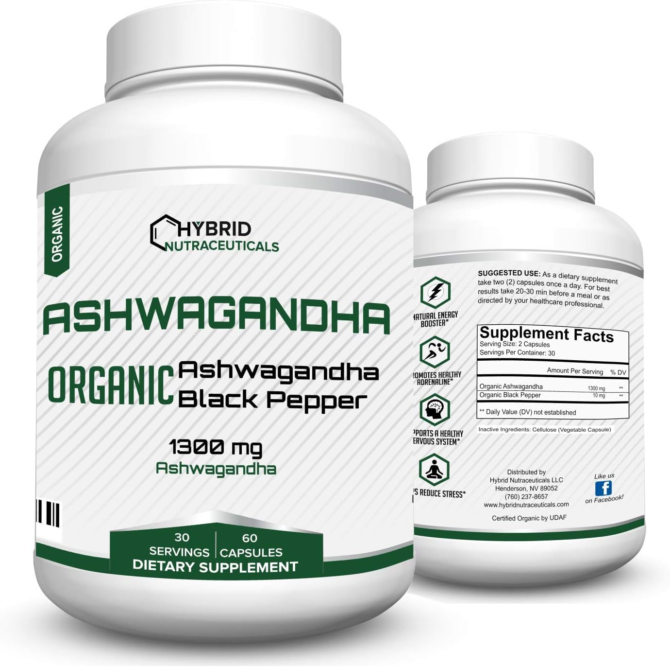 Hybrid Nutraceuticals Organic Ashwagandha Root Powder Tablets 1350mg, with Black Pepper Extract - Fast Absorption, Stress Relief, Restful Sleep, Positive Mood & Thyroid Support - 120 Tablets