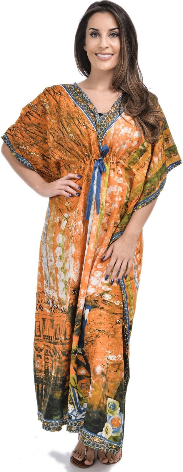 Womens Ladies Long Kaftans Parrots and Peacock Feathers Print On The Front and Back Waist Tie for Size 10 to 24