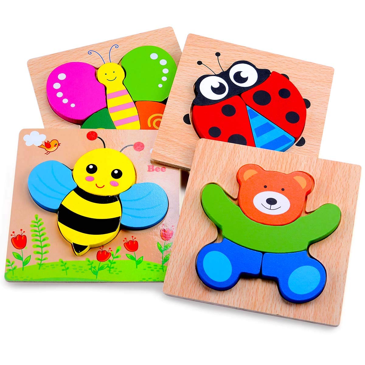 Playtime by Magifire Wooden Puzzles for Toddlers Set of 4: Early Developmental STEM Toy for Babies Aged 1-3 Years; Ladybug, Bear, Bee, and Butterfly